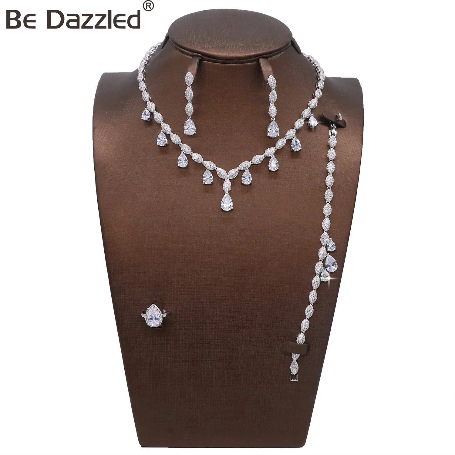 

Bedazzled Women Customize Fashion Wedding Jewelry Sets Brass Silver Earrings Necklace Ring Set Bridal Cubic Zirconia Jewelry