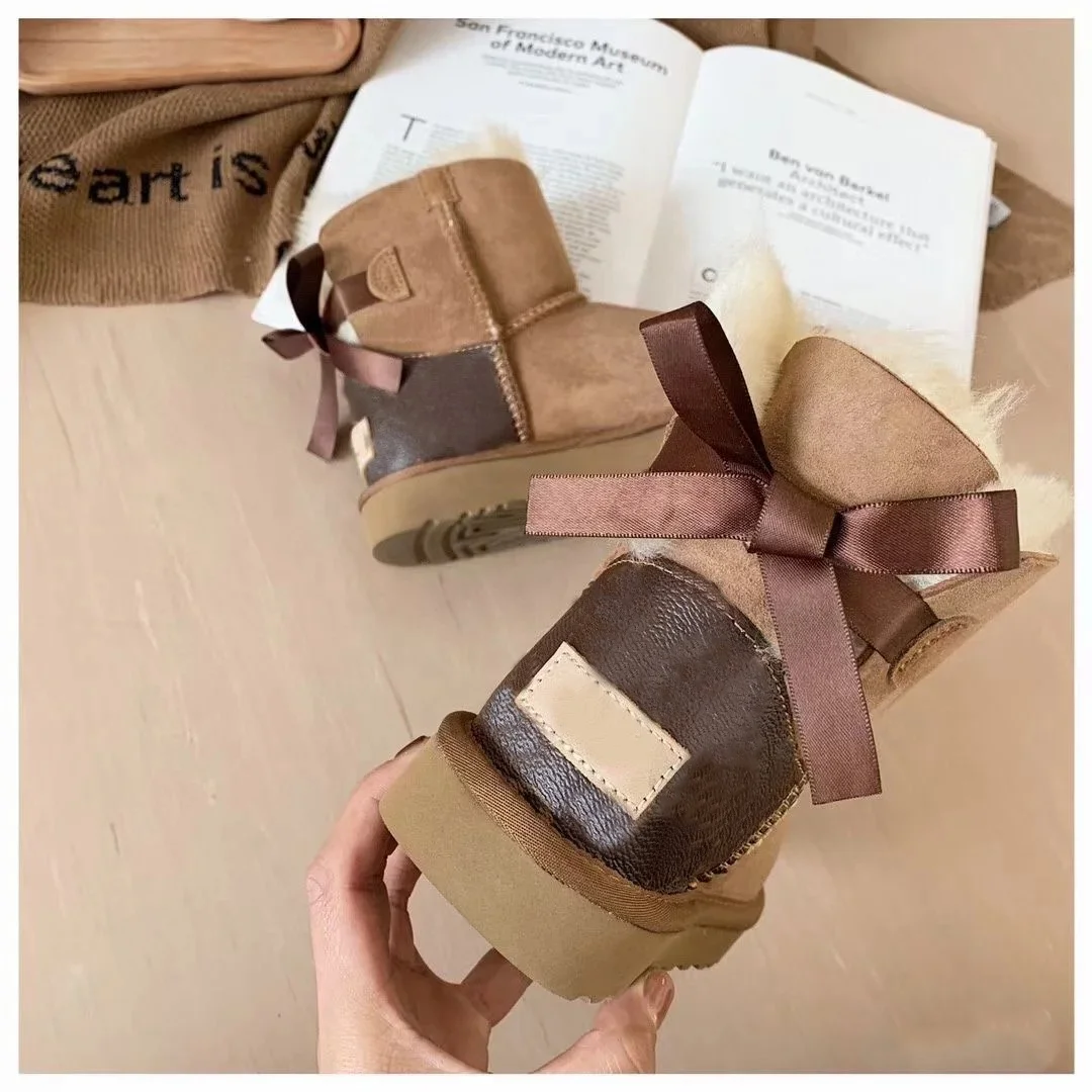 

New design bow elegant warm love shoes leather winter women's ankle double face snow boots shoes