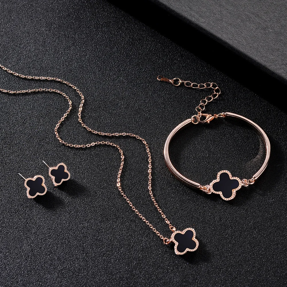 

3pcs Four Leaf Clover VCA Bracelet Fashion Ear Stud Necklace Jewelry Set For Women