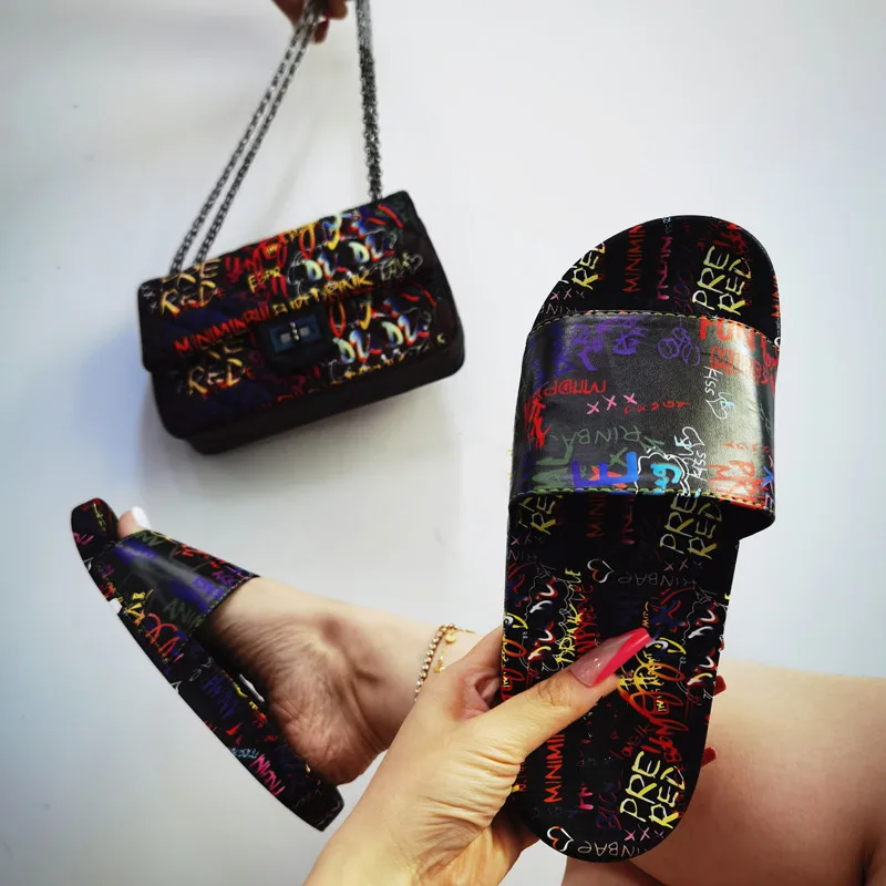 

PDEP new arrival high quality flat sandals summer fancy girls chain graffiti handbags for women shoes with matching handbags, As picture