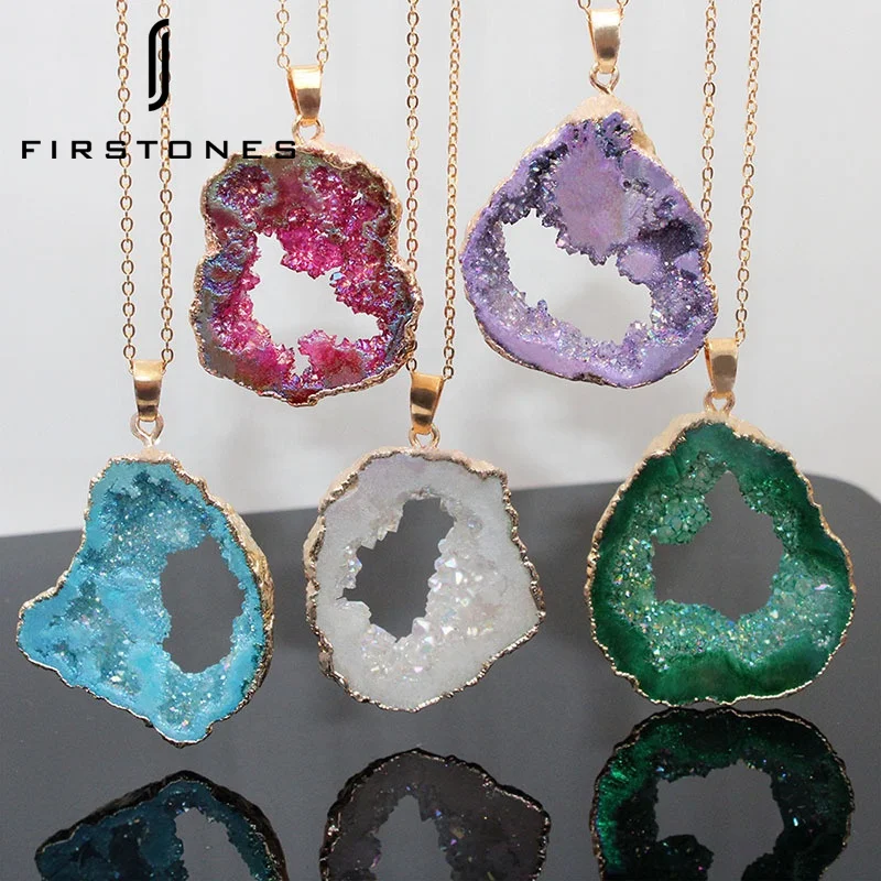 

Natural Geode Pendant Agate Rough Stone Plating Edge Gilt Gem Natural Stone Pendant, Various