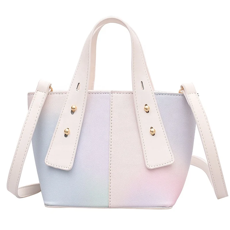 

Summer rainbow color high quality PU gorgeous portable ladies tote bag with adjustable handle, White,pink.blue,purple