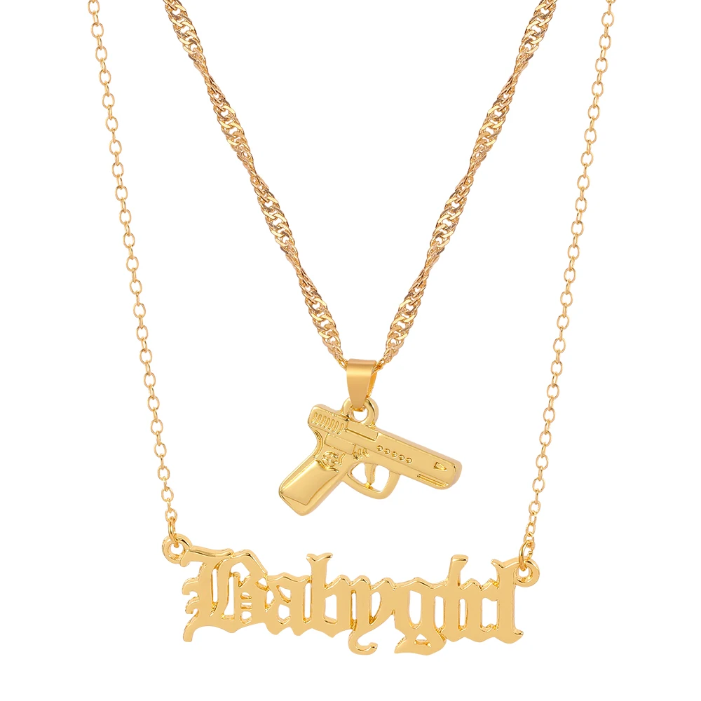 

High-grade Personalize Babygirl Letter Pistol Charm Pendant Layered Jewelry Womens Pendant Multilayer Necklace, Gold color