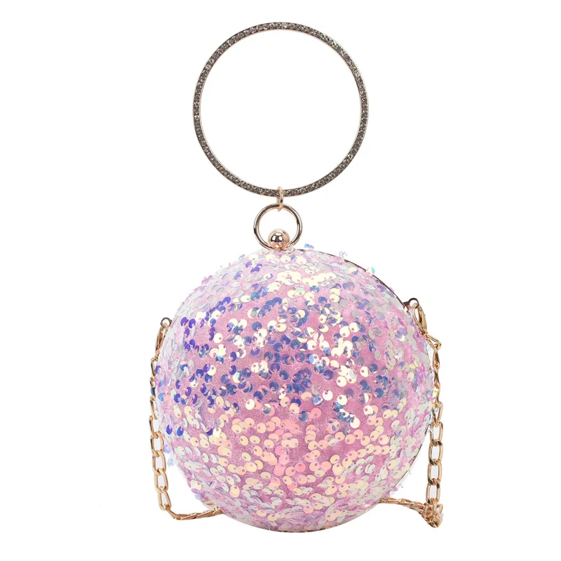 

2021 new fashion korean chain women's small purse evening clutch party bag simple sequin shoulder round handbag, Customizable