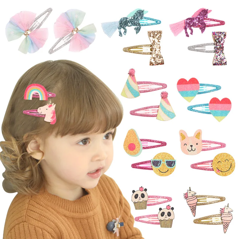 

MIO New 2pcs/set Kids Glitter Metal Snap bb Hair Clip Unicorn Bow Ice Cream Shaped Sequins Hairpin For Girls Children Barrettes