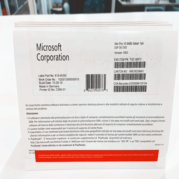 

Microsoft windows 10 pro original OEM DVD Full package Italian version win 10 pro