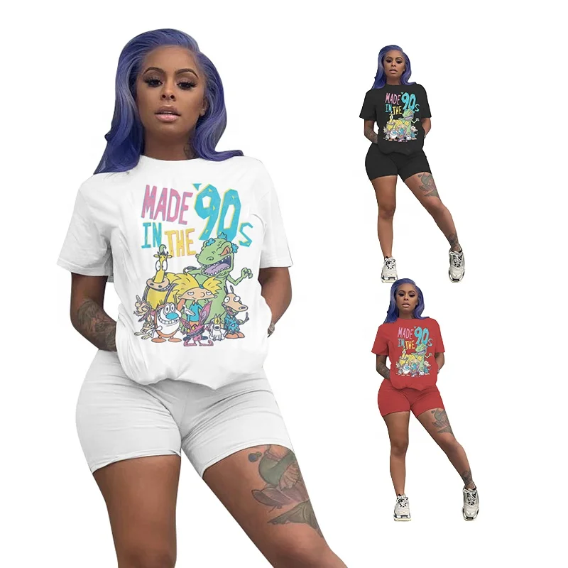 

Amazon hot sale fashion casual solid color cartoon printing short sleeve T-shirt shorts two-piece set