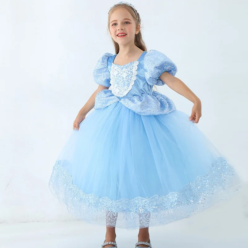 

MQATZ Cinderella Girls Princess Dress Elsa Anna Fashion Girl Costume Embroidery Bubble Sleeve Party Dresses LP-268