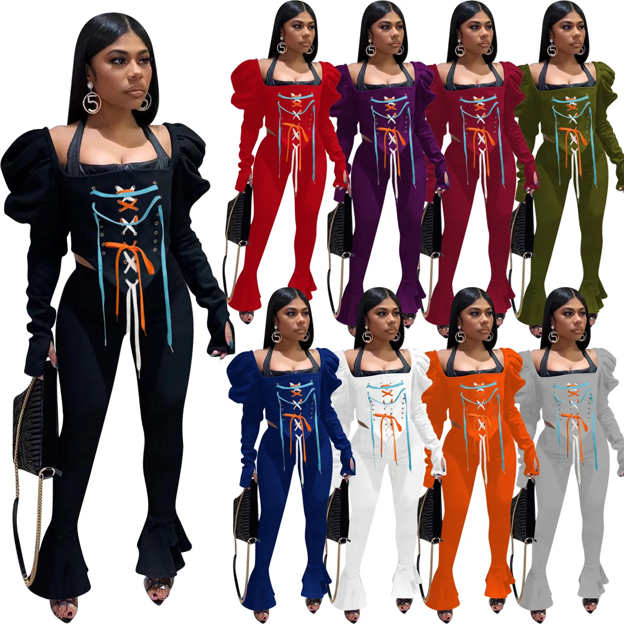 

FS1835D Winter women Long Sleeve Fashion bandage tops Outfit Two Piece sets Female casual Jogging Suits