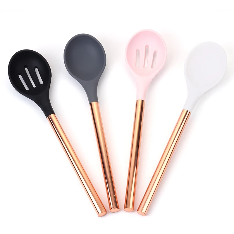 

New Trend Kitchen Accessories Silicone Cooking Spoon Set With S/S Copper Handle Solid Spoon Slotted Spoon