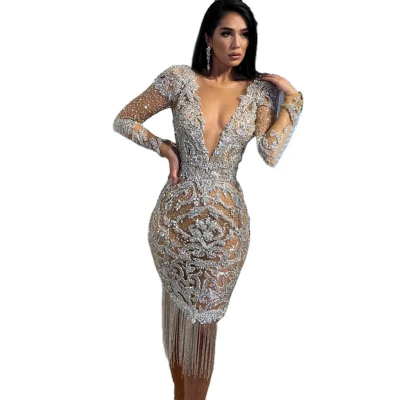 

Women's V-neck tassel Mermaid Prom Evening dress long sleeved golden dress dress