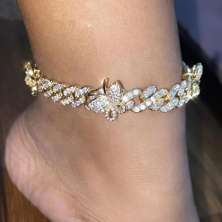 

Fashion Diamond Charm Jewelry Cuban Butterfly Anklet 18k gold filled jewelry anklets and bracelets, Picture shows