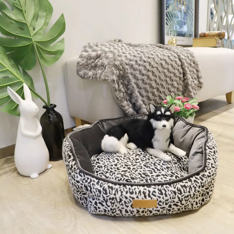

Wholesale Supplies Comfortable Calming Warm Soft Sofa Memory Foam Luxury leopard Small Dog Pet Bed, As picture