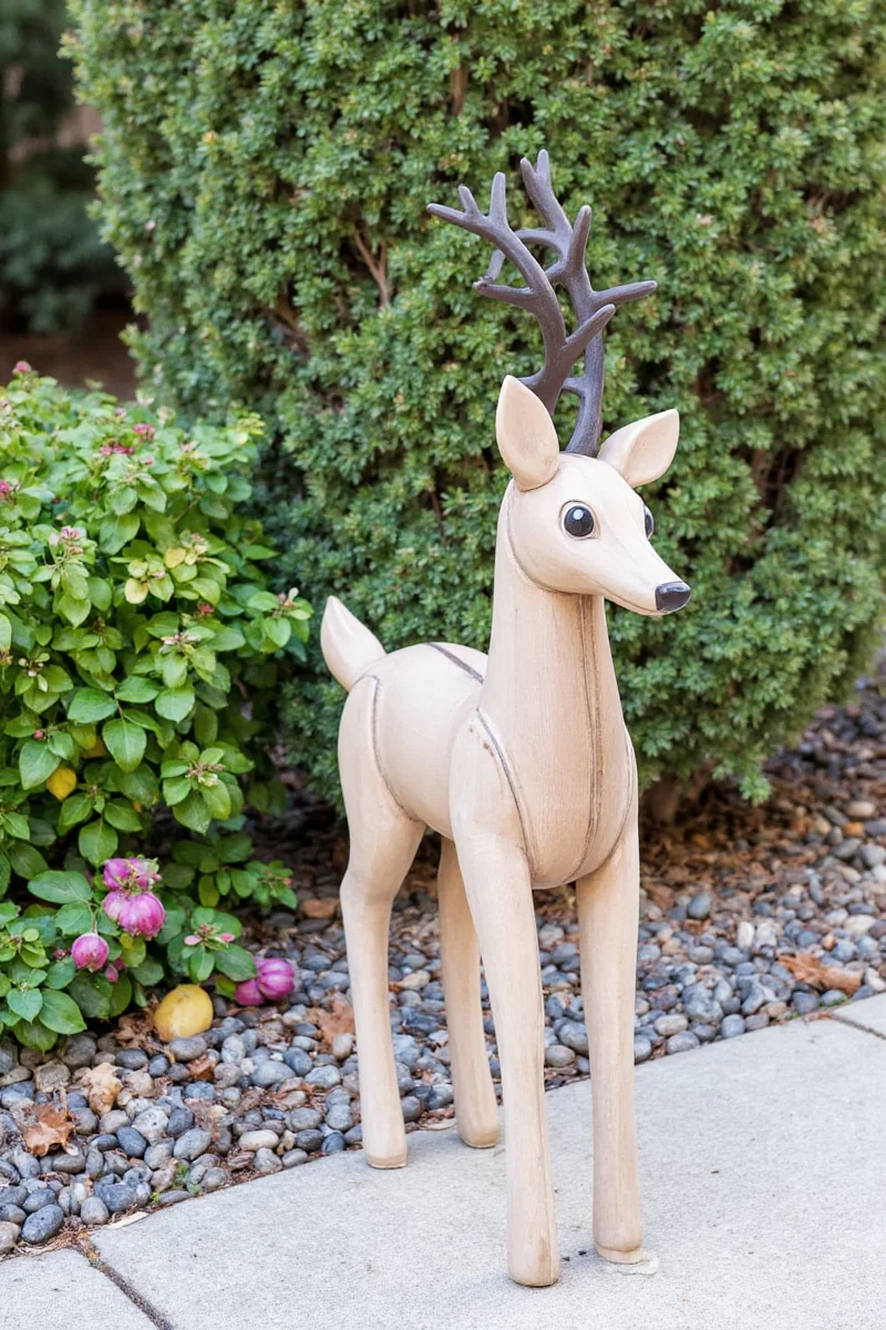 Miniature deer-themed stepping stones leading through a flowerbed where a golden retriever is walking.
