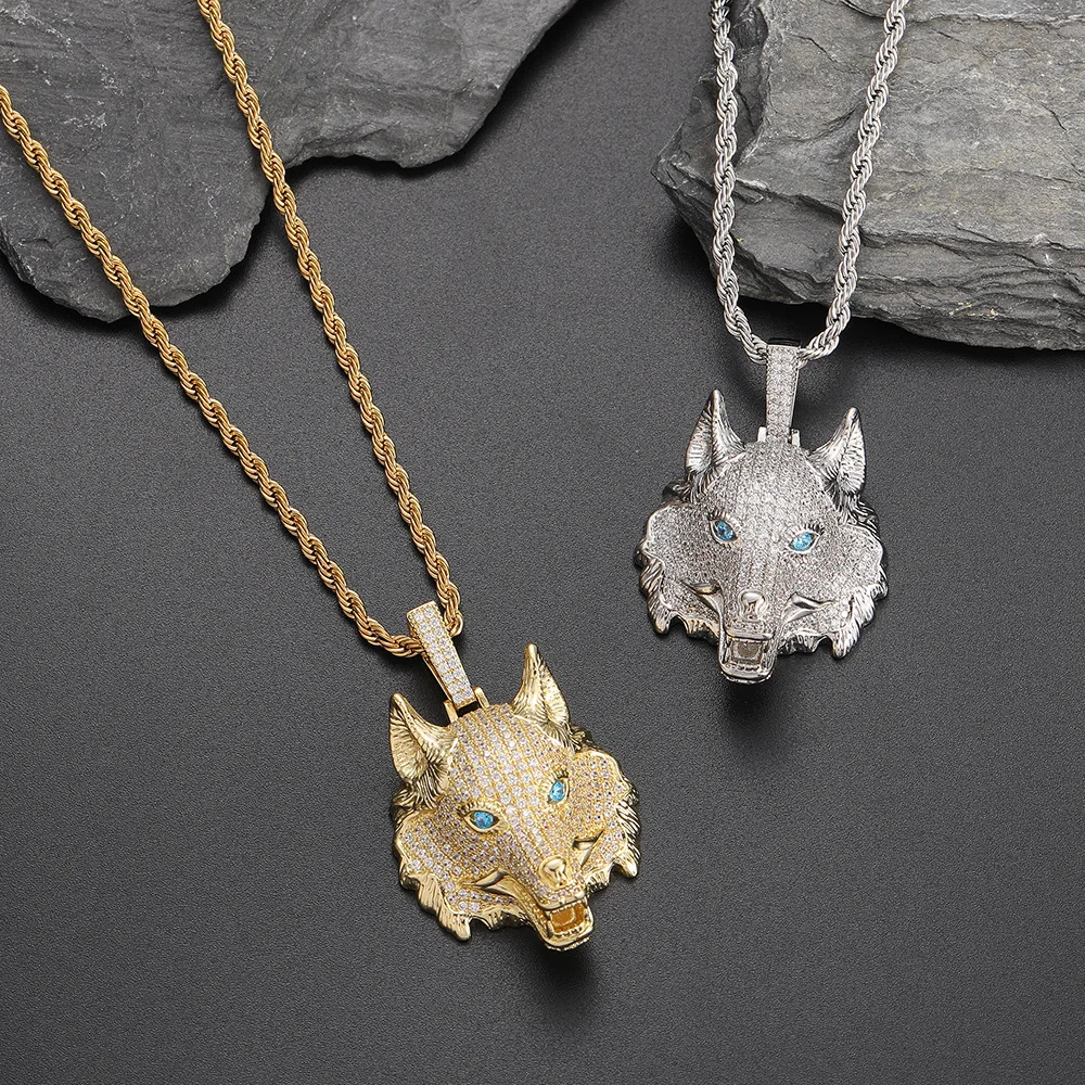 

Hip Hops Design Stainless Steel Twist Chain Wolf Pendant Necklace 18k Gold Plated Zircon Wolf Head Necklace
