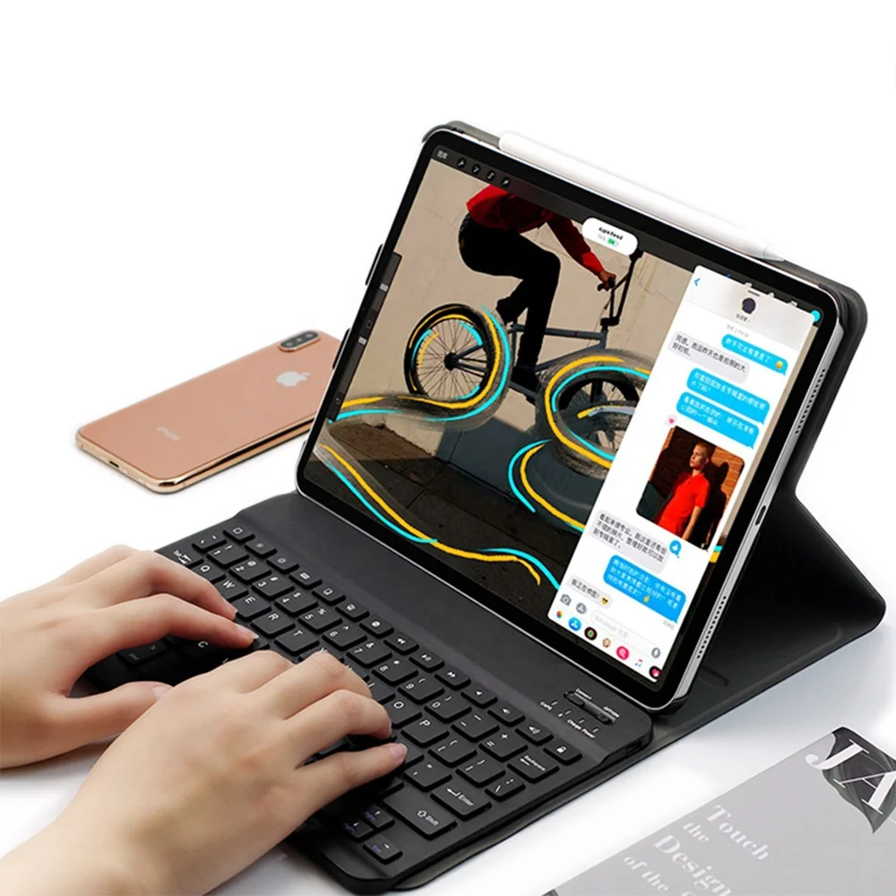 

2019 Removable Auto wake sleep function PU Leather BT Wireless Keyboard Case for iPad Pro 11