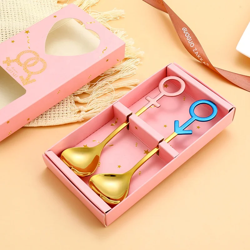 

Cute Couple Pink Blue Stainless Spoon 2pcs Gold Spoons Set Heart Dessert Spoon with Gift Box For Wedding, Gold pink, gold blue, silver