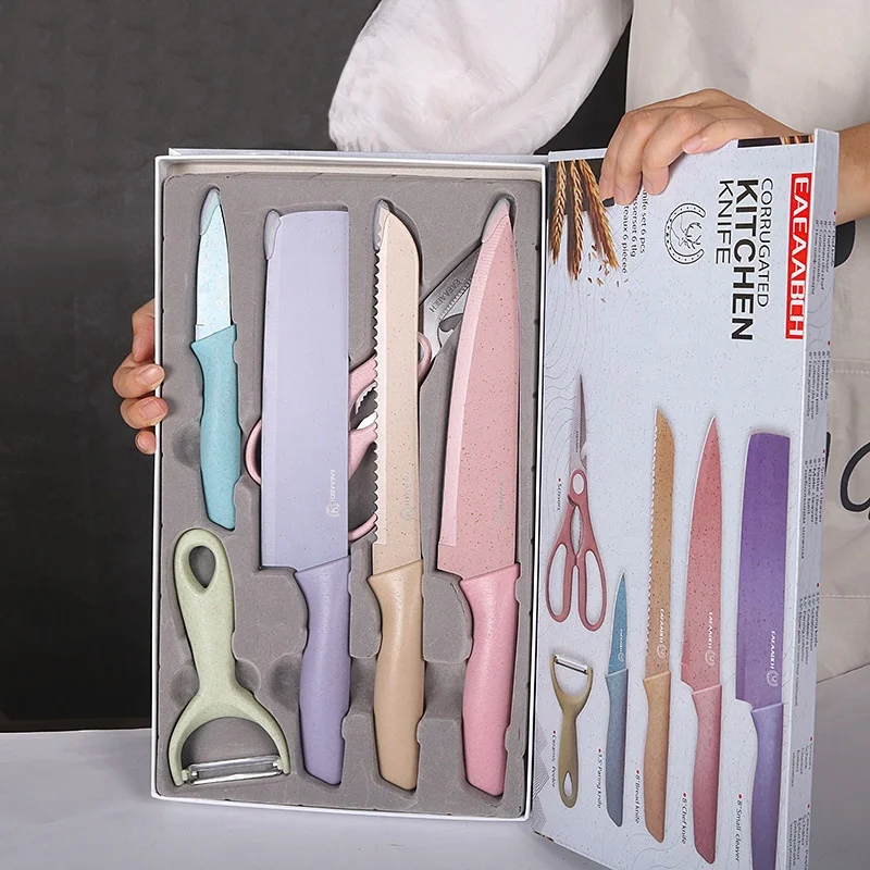 

Home wheat straw stainless steel baby food tool 6 pcs kitchen knife sets