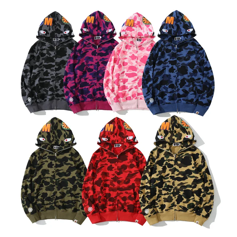 

Custom wholesale high quality oversized camouflage full zip up bape plus size men's hoodies sweatshirt with chenille patch, Custom colors