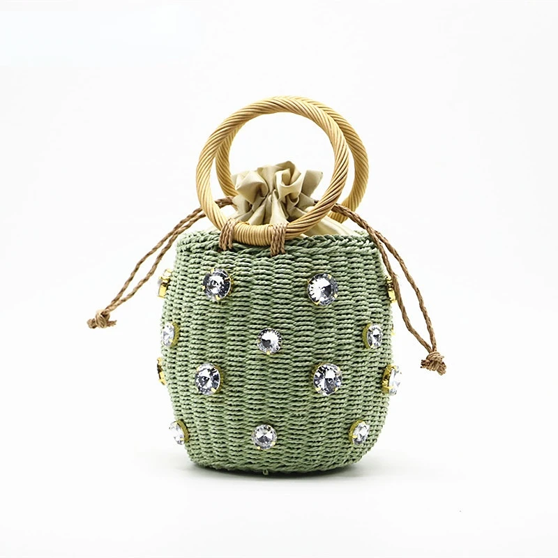 

Crystal Straw Bag Women 2022 New Summer Rattan Ring Handle Woven Circle Beach Bag Ladies Barrel Shape Handbag Holiday