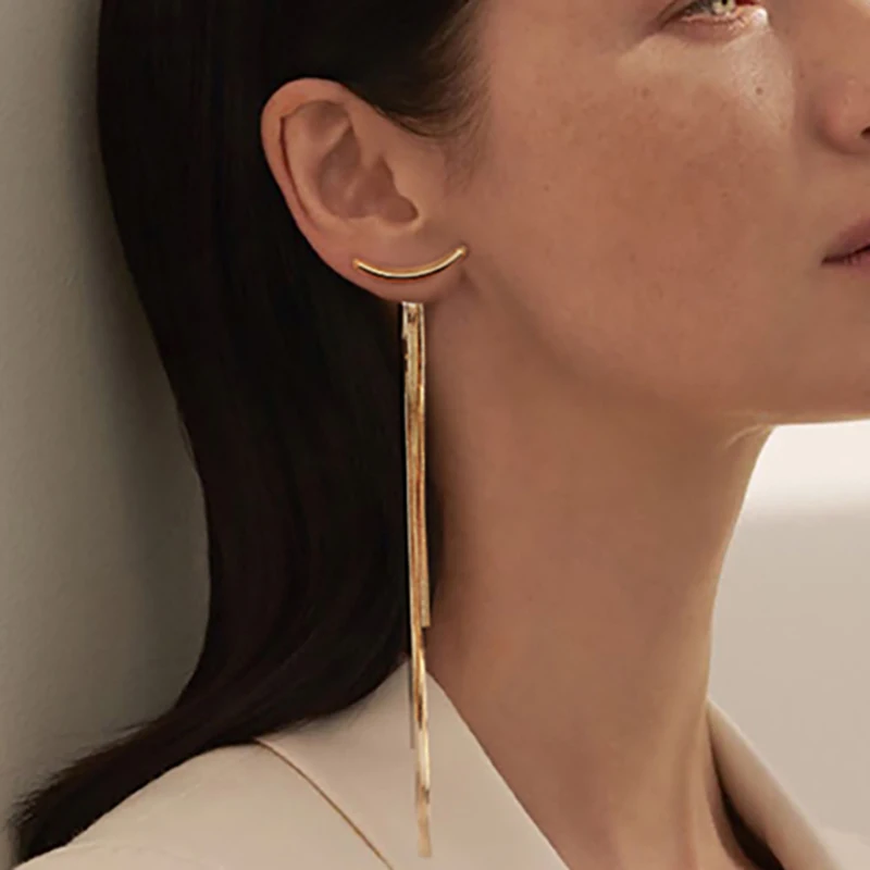 

Vintage Gold Color Bar Long Thread Tassel Drop Earrings for Women Glossy Arc Geometric Korean Earring Fashion Jewelry 2021 New