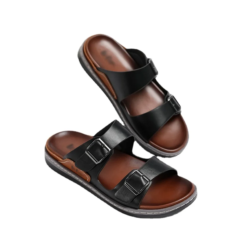 

Round Toe Leather Outdoor Slippers Men's Casual Beach Slip-on Slippers Middle-Aged and Elderly Soft Bottom Non-Slip Slippers