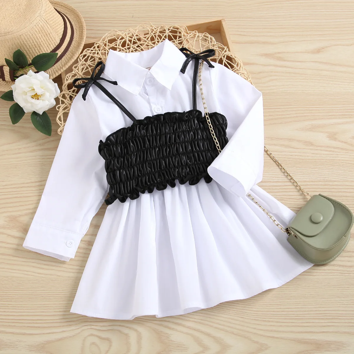 

2021 New Fall Children Toddler Girl White Long Sleeved Turn Down Collar Blouse +Black Ruffle Faux Leather Waistband 2-6T, As photos