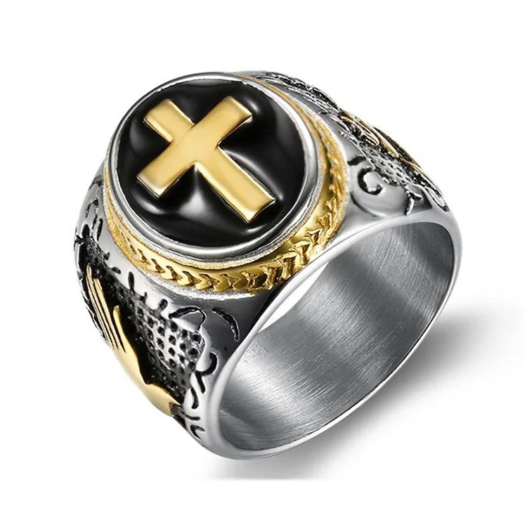 

Stainless Steel Vintage Mens Catholic Religious Christian Holy Cross Prayer Ring, Silver, gold, black