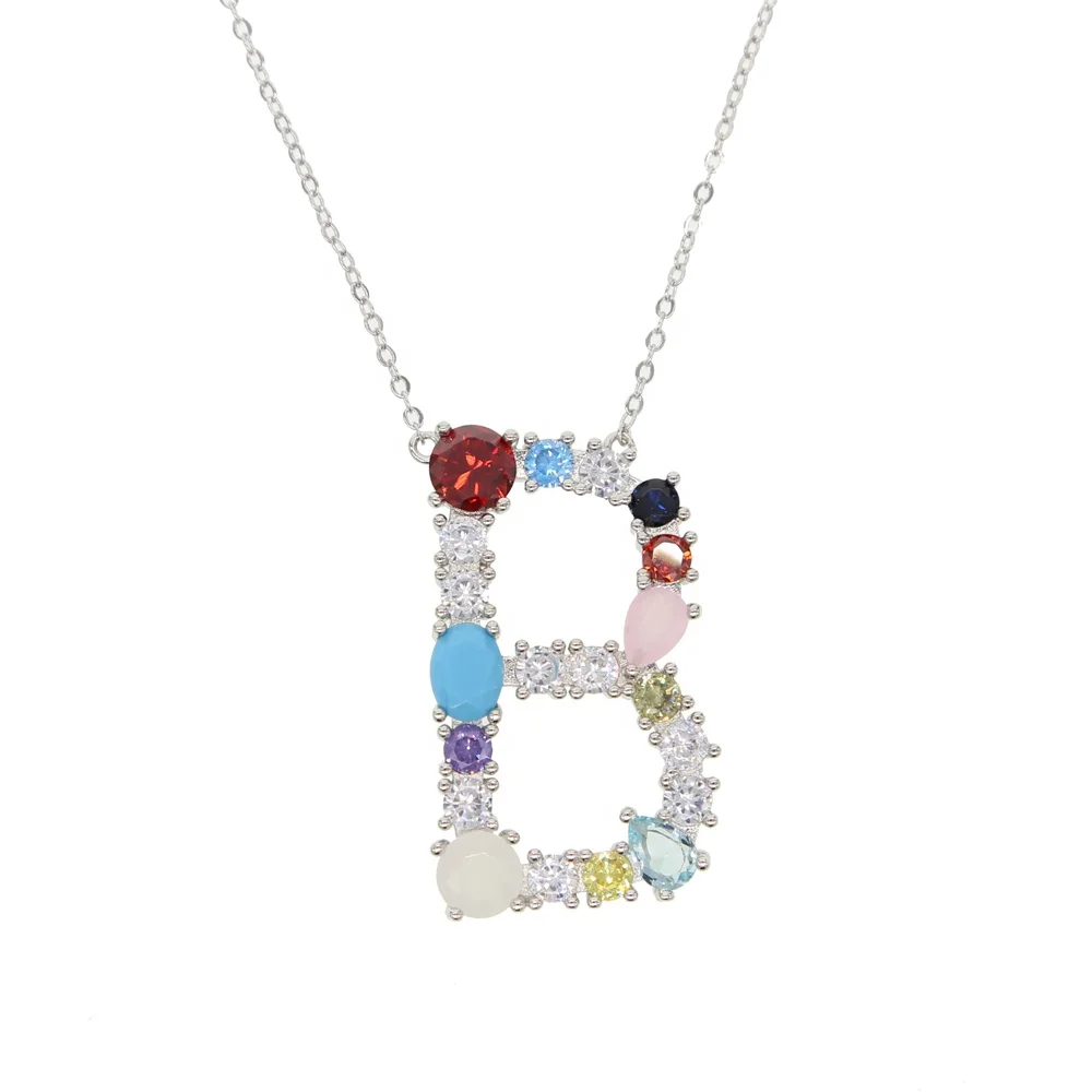 

SILVER Colorful big stone letter Alphabet customize name initial necklace fashion women letter charm jewelry