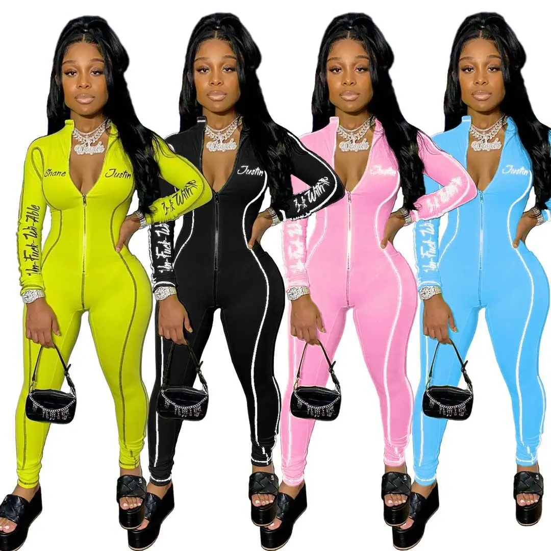 

2021 Women Pure-color Close-fitting Sexy Long Sleeve One-piece Jumpsuits Letter Printed Front Zipper Bodysuits For Women