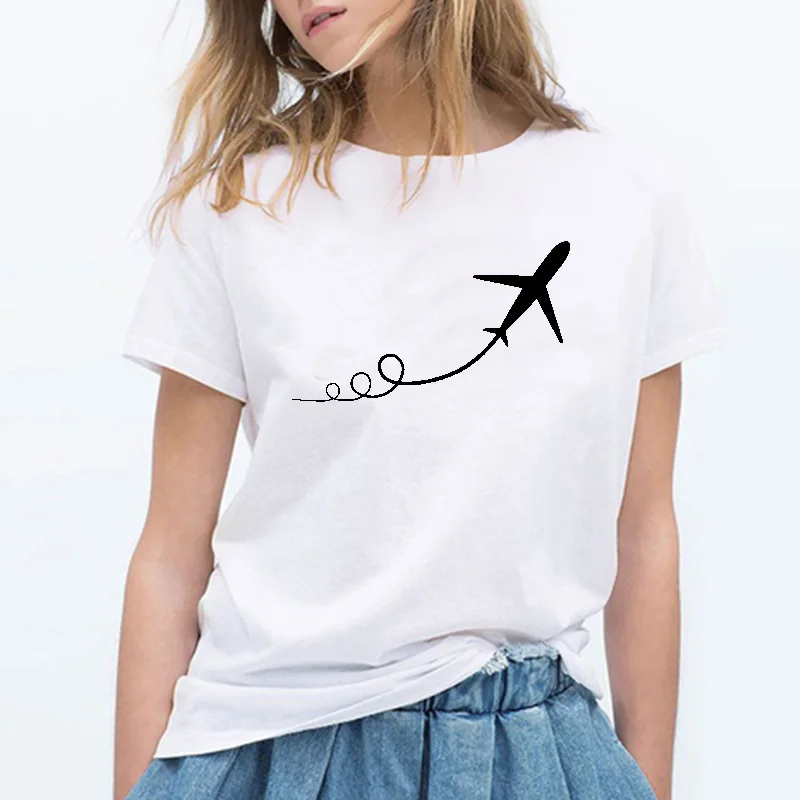 

Women T Shirts Street Fashion Slim Summer Black T Shirt Women Airplane Print Casual Oversized Female Tops T-Shirts Plus Size