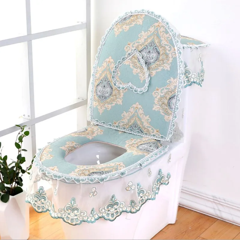 

European Lace Toilet Seat Cushion Washer Winter U-shaped Toilet Seat Household Toilet Zipper Seat 3 Pieces/set, As photo