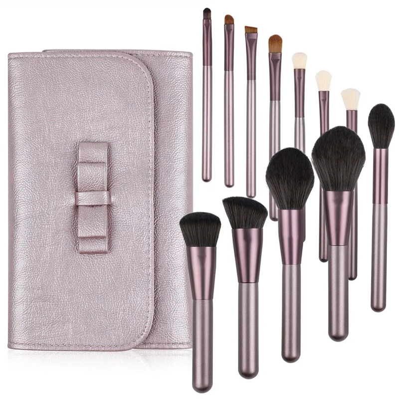 

Low Moq 12pcs New Brush Set Synthetic Hair Wooden Handle PU bag Makeup Brush Set Portable Cosmetic Brush, Pink, red, black, purple and so on