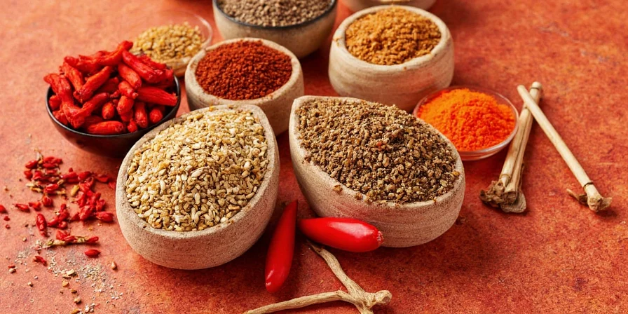 Jars of Chinese spices neatly stored