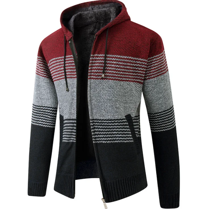 

Men Striped Wool Liner Zipper Fleece Coats Men Sweater Coat Men 2021 new arrivals Winter Thick Warm Hooded Cardigan Jumpers