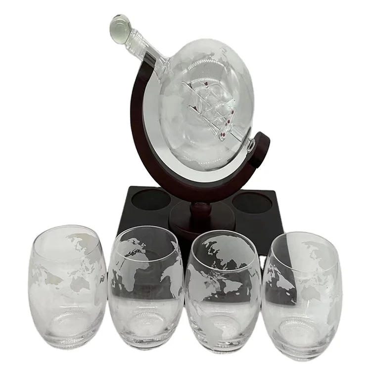 

Carafe Globe Crystal Glass Cup Decanter Whiskey Glass Set With 2 Glasses with Wood Stand For Sales, Transparent clear