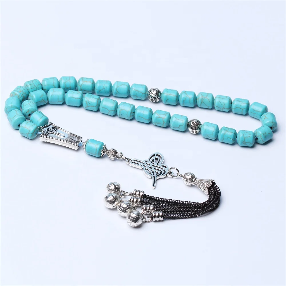 

Hot Sale Synthetic Blue Turquoise Stone 8*10mm 33 Beads Tasbeeh Subha Misbaha Islamic Tasbih Muslim Prayer Beads Allah Rosary