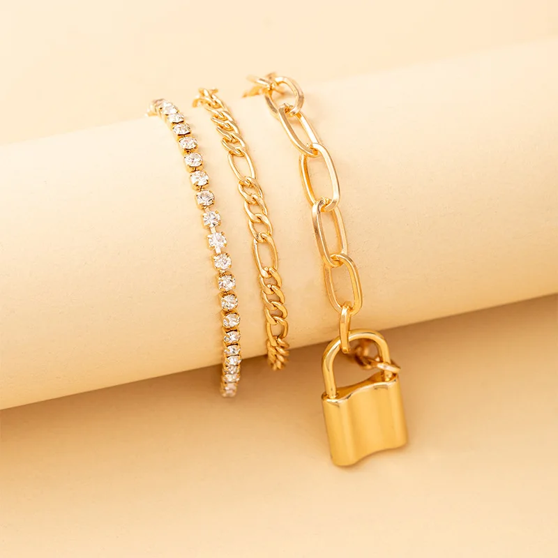 

European American Hot Popular 3 Pcs Set Link Chain Lock Pendant Ankle Bracelet Crystal Inset Tennis Chain Anklet