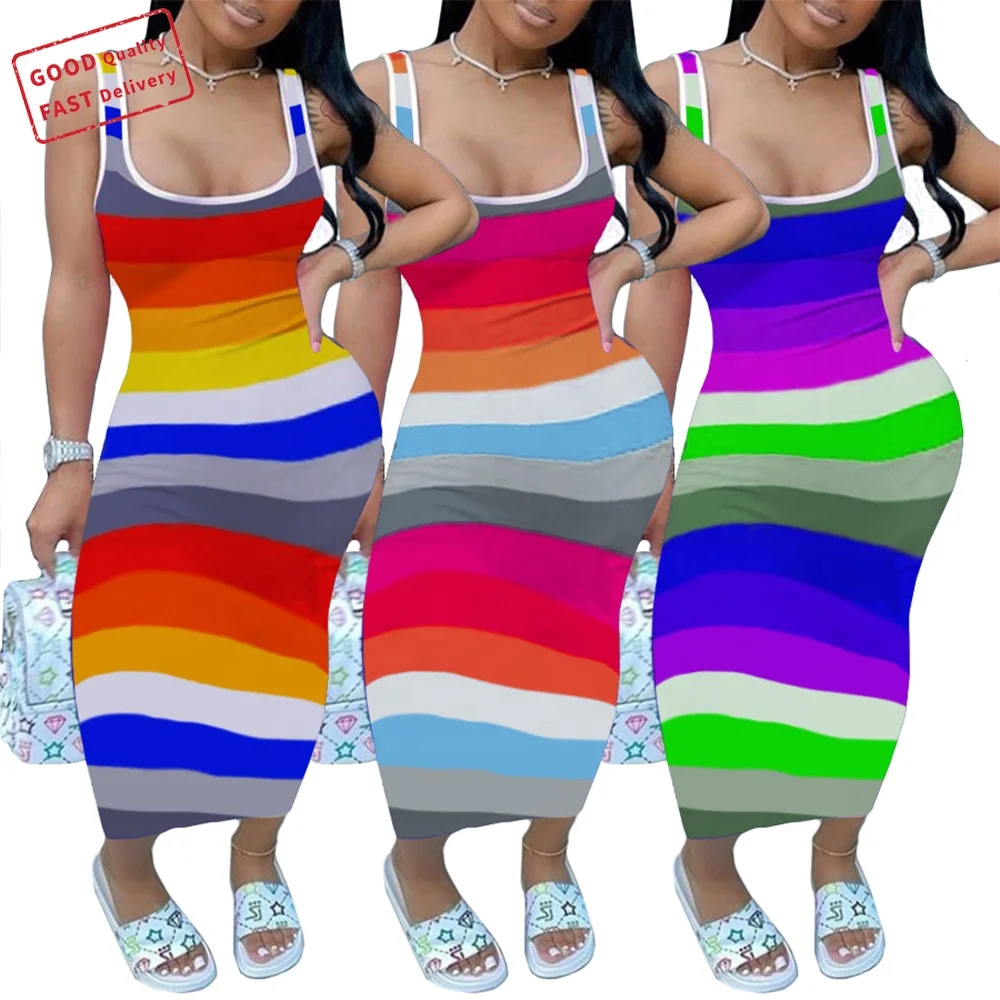 

GQ2801 hot sale long dresses women maxi casual striped sleeveless plus size dress fashionable dresses, Picture color