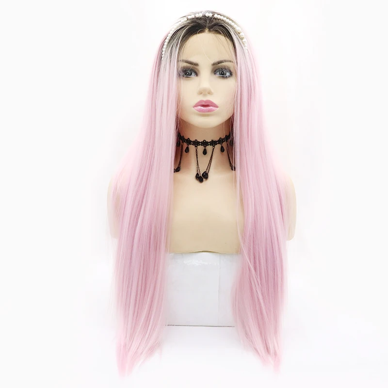 

High Quality Cheap Wigs With Lowest Price Perruque Synthetique Black Head Pink Color Synthetic Wig