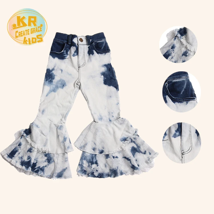 

Wholesale Children Manual Tie-Dye Denim Washed Double Bell Bottoms Girls Flared Jeans