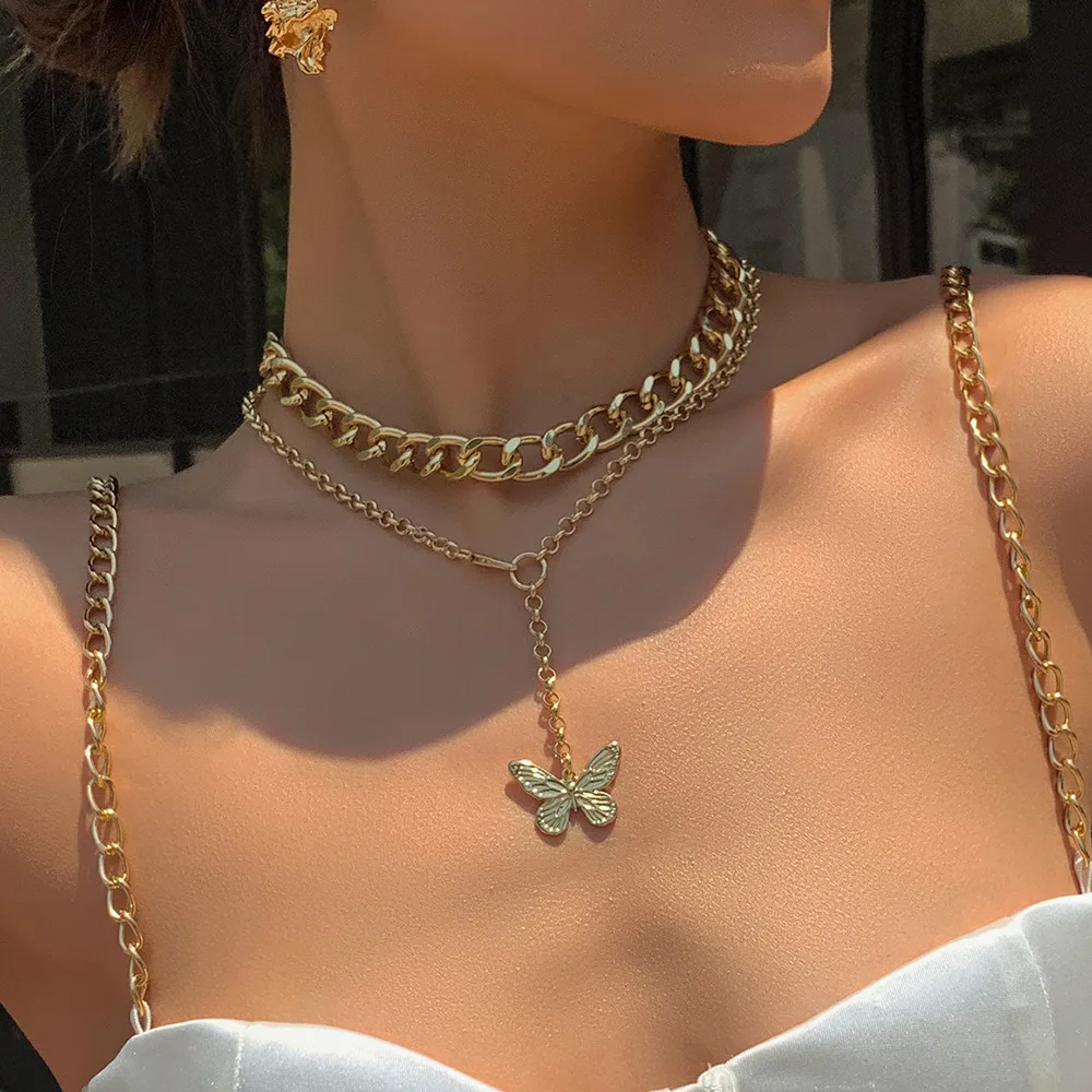

HOVANCI 2020 Fashion Double Layered Golden Butterfly Necklace Long 18K Gold Plated Link Chain Butterfly Necklace For Women
