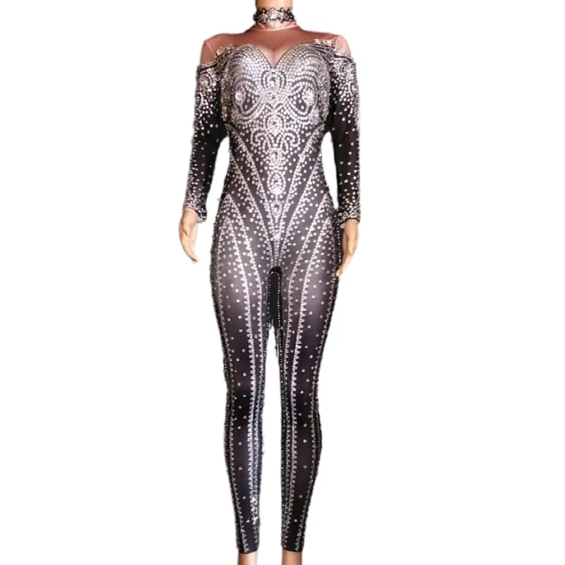 

Luxury Black Crystal Diamonds Nightclub Playsuits Women Party Prom Jumpsuits Sexy Festival Jazz Dance Wear Performance Outfits