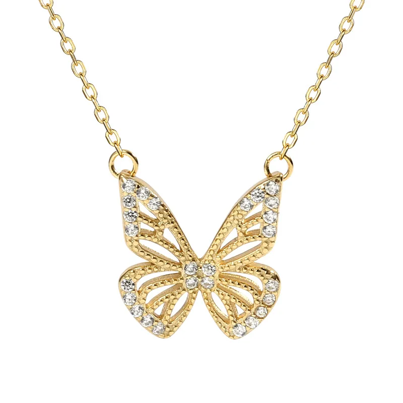 

925 Sterling Silver Real 18k Gold Plated Zircon Butterfly Pendant Necklace S925 Gold Butterfly Necklace
