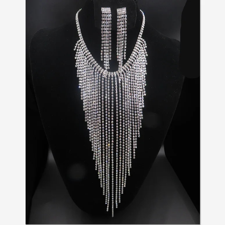 

New Design Bridal jewelry set Rhinestones tassel necklace and earrings set Wedding jewelry set XL063