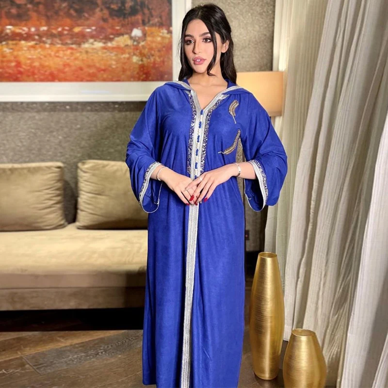 

Factory Jalabiya Fashion Muslim Dubai Arabic Hooded Abaya Dress Moroccan Kaftan Diamond Jalabiat Women Robe 2021 abaya dubai, Photo shown