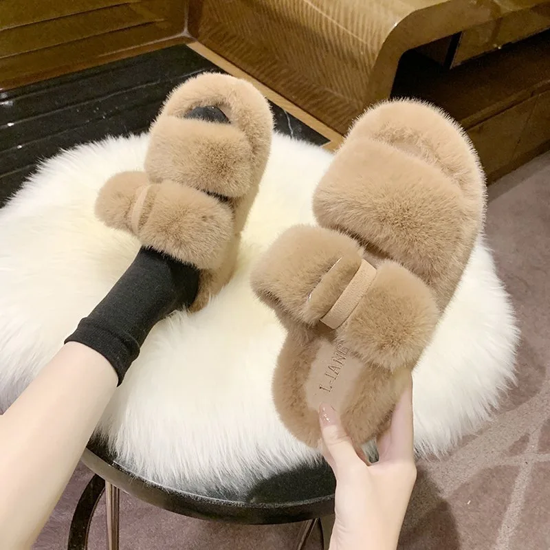 

Ladies popular double band fluffy slides light weight women fuzzy sandals for women high quality house fur women slides