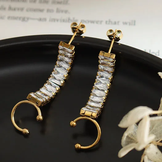 

Trendy Geometric Gold Plated Stainless Steel Shiny Zircon Chain Ear Bone Clip Earrings For Women