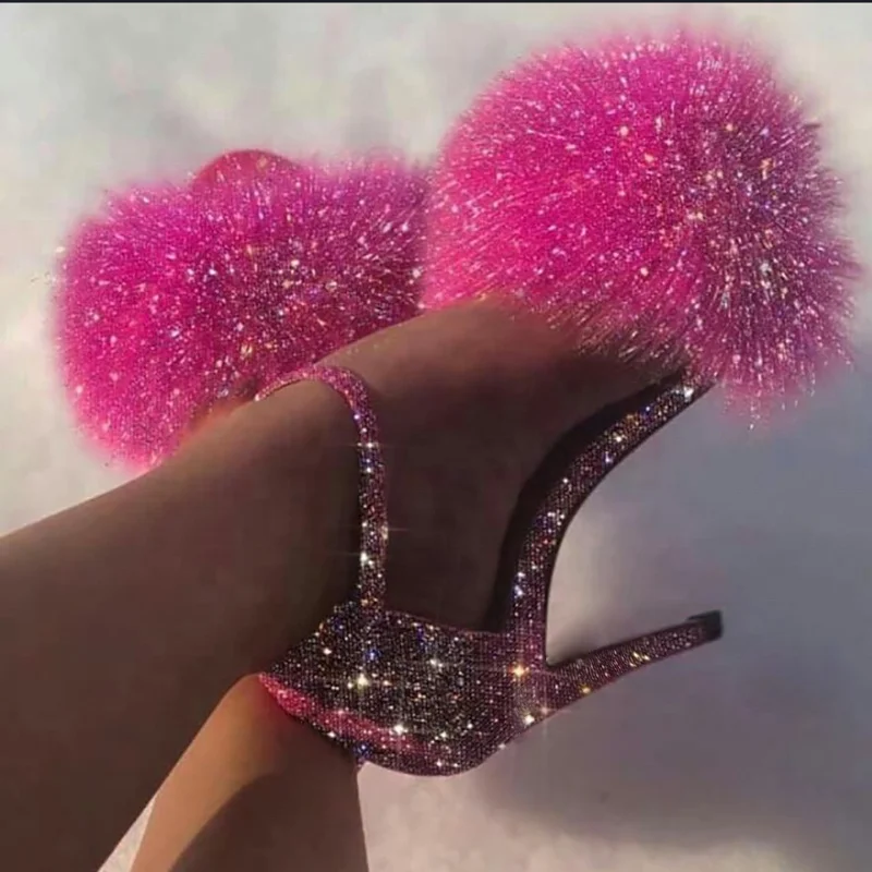 

Hot Pink Shiny Glitter Lady New High Heels 2022 Fashion Stiletto Heel Open Toe Fur Dress Shoes Pumps Sexy Gladiator Sandals
