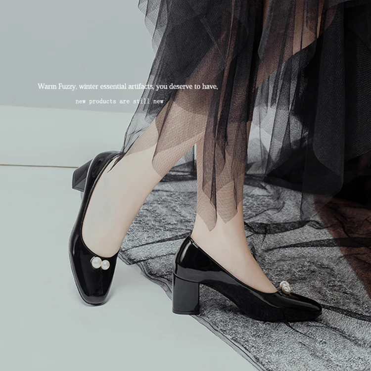 

trendy luxury designer New pearl decoration casual women's formal Genuine leather low-heel chunky heels women dress shoes, Red,black